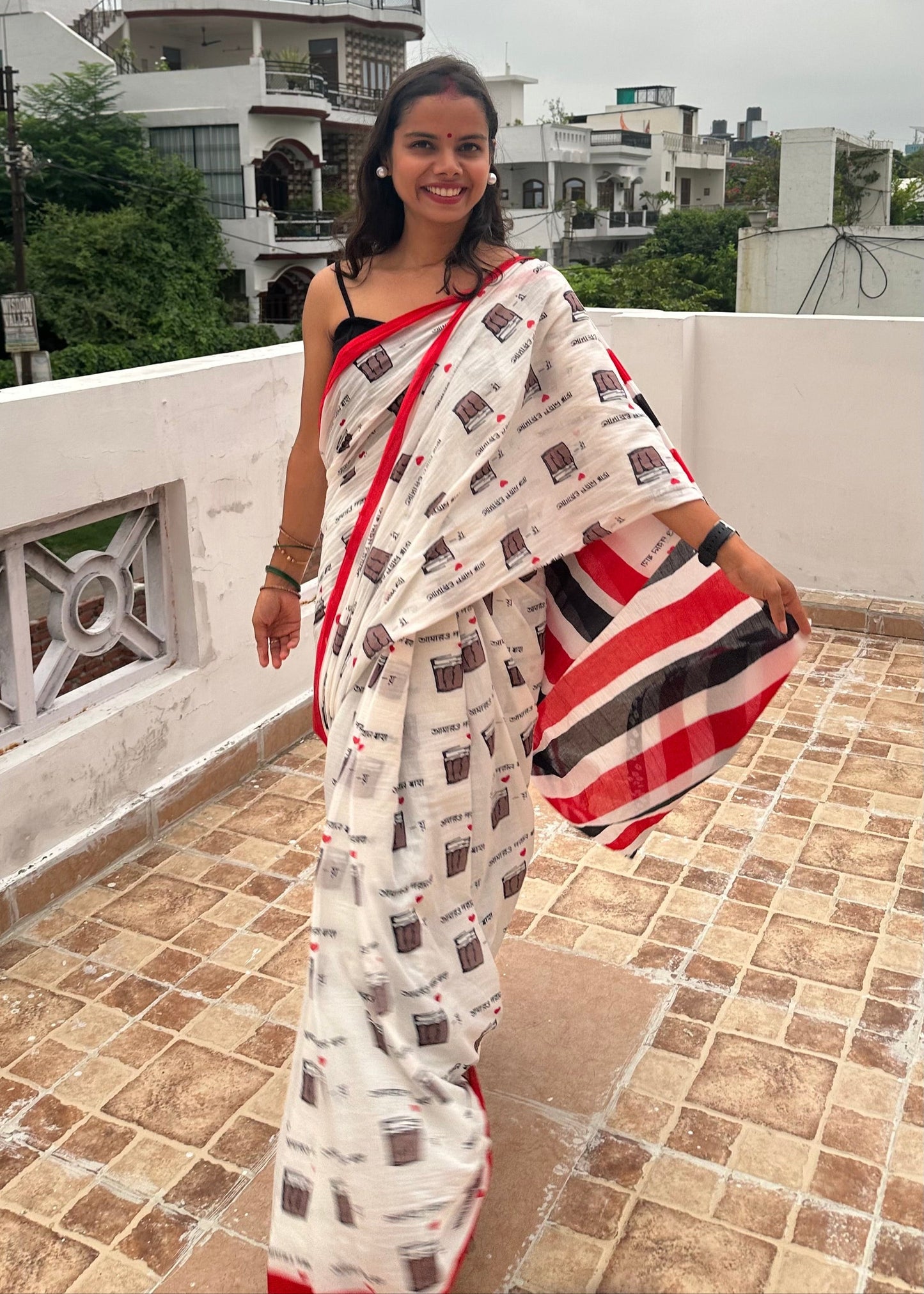 Chai Handblock Printed Mul Cotton Saree