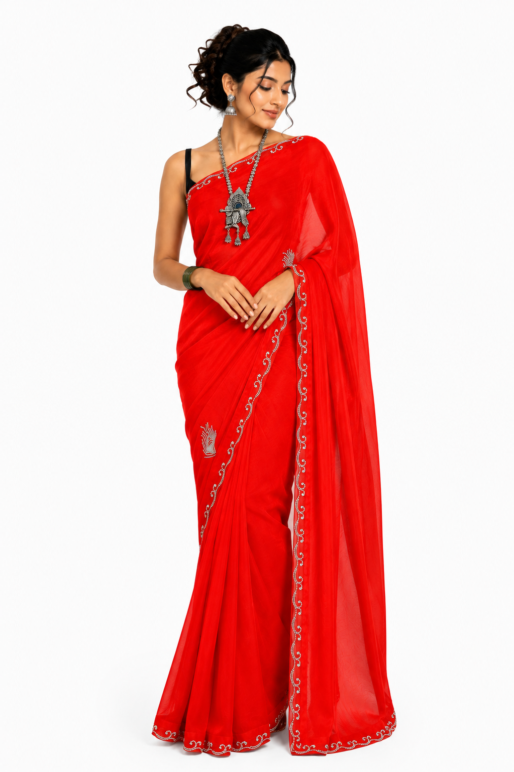 Red Morpankh Tissue Swarovski Saree