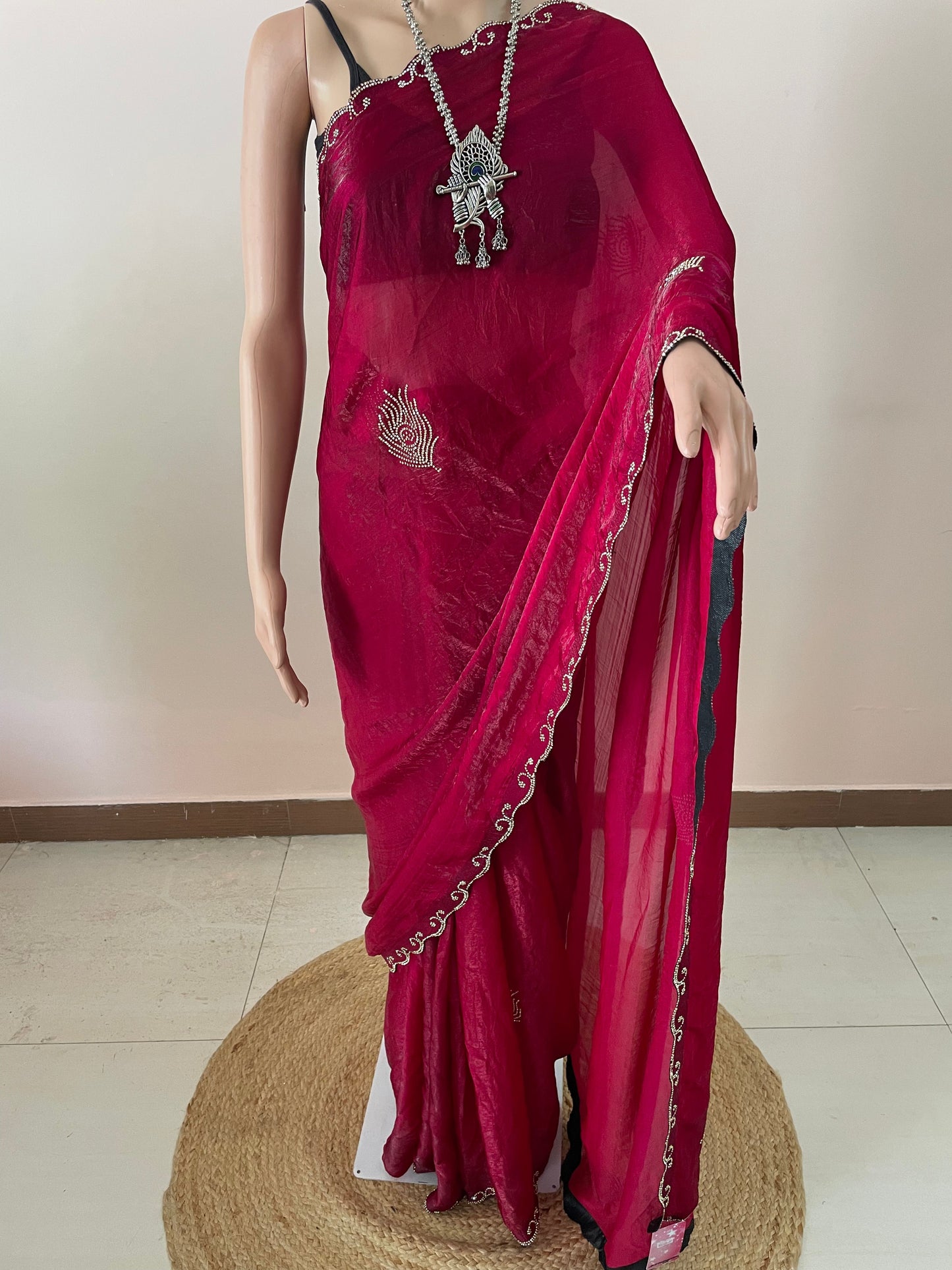 Magenta Morpankh Tissue Swarovski Saree