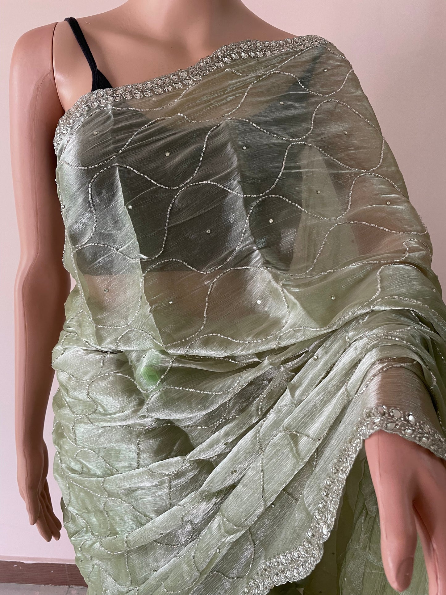 Pista Green Pearl Hand Embroidered JC saree