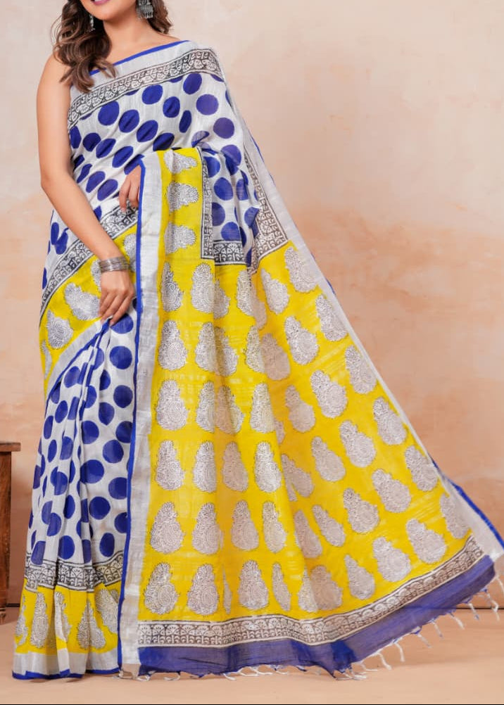 Blue Polka Linen Saree
