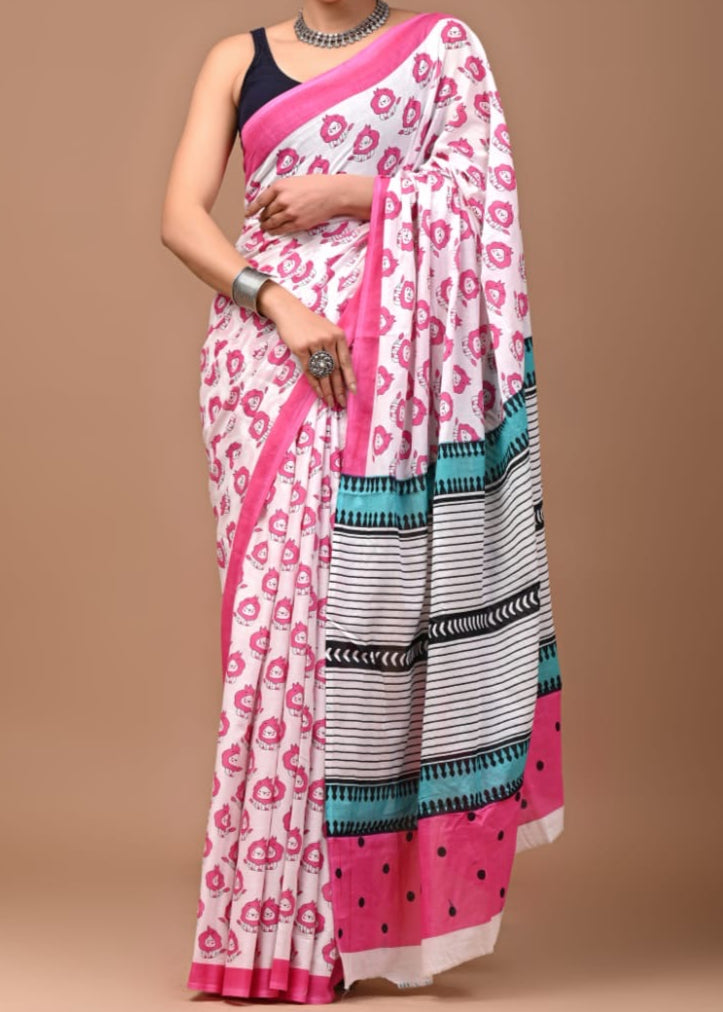 Pink Mini Lion Mul Cotton Saree