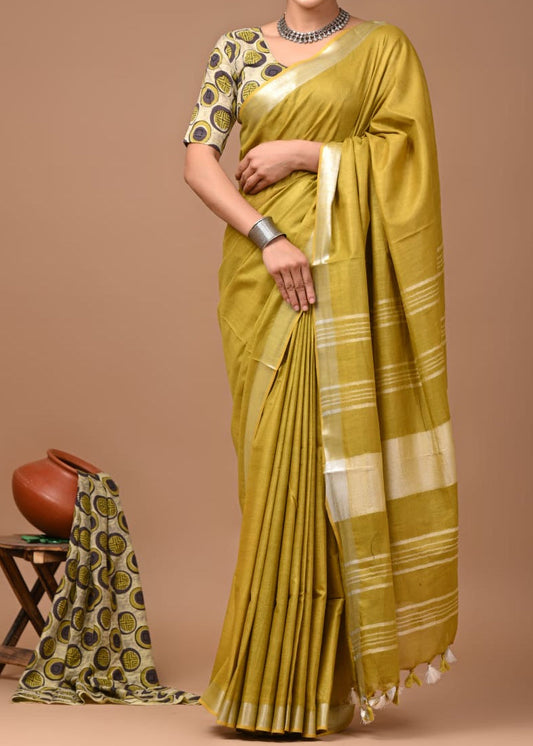 Khaki Green Meera Linen Cotton Saree