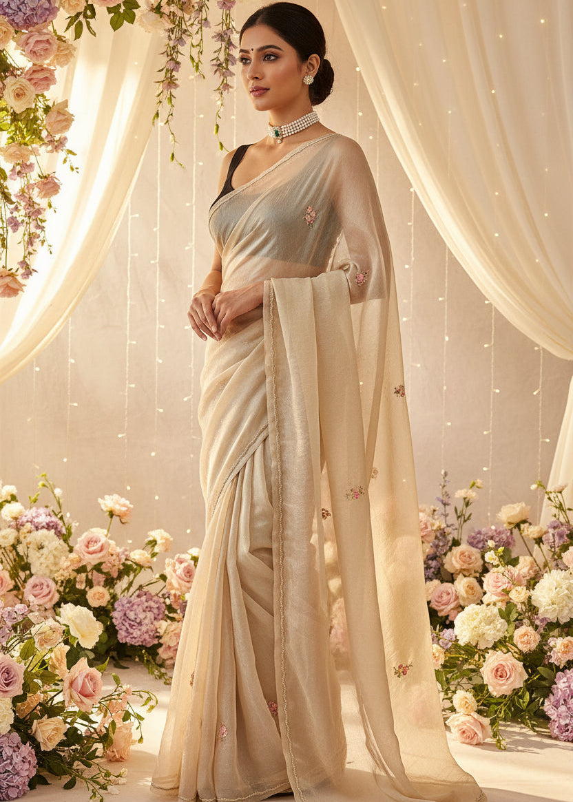 Woman in a saree standing in front of floral decorations and draped curtains.