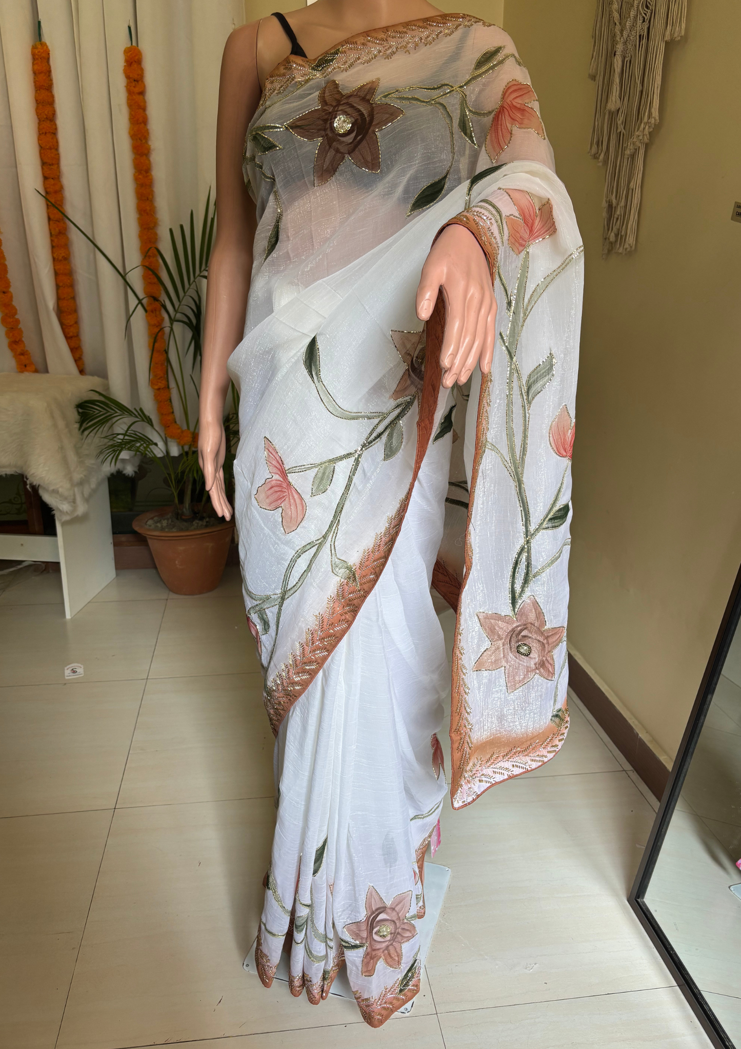 Brown Guldasta Hand work Saree