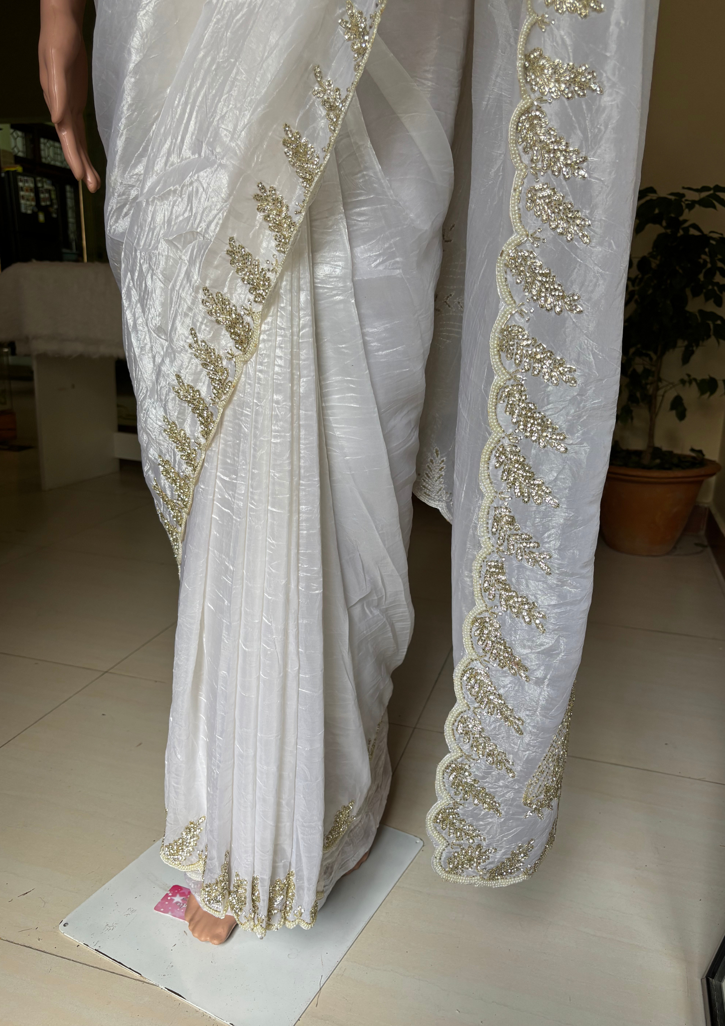 White Glow Pearl Party Wear Saree