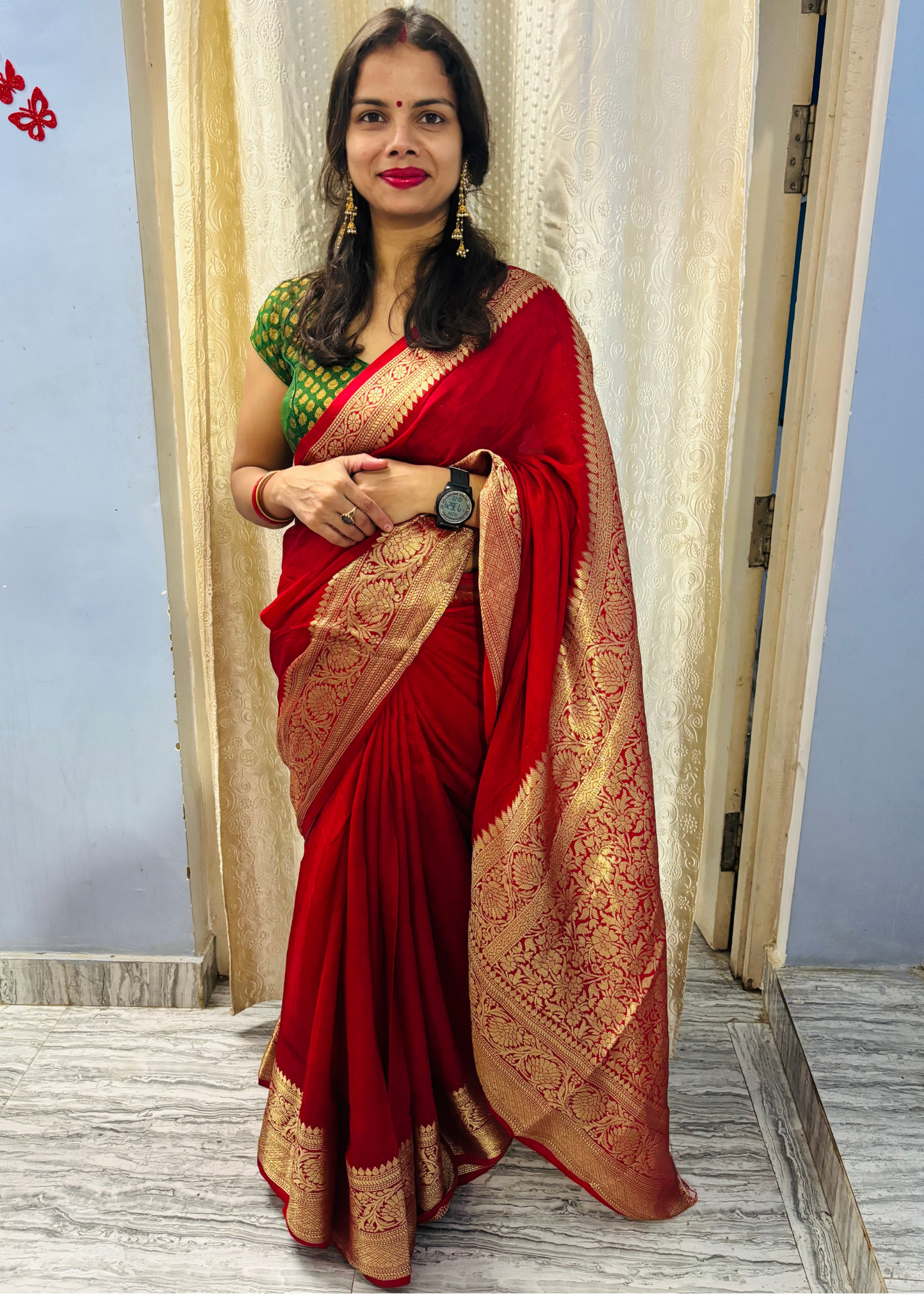 Red Plain Gold Zari Saree