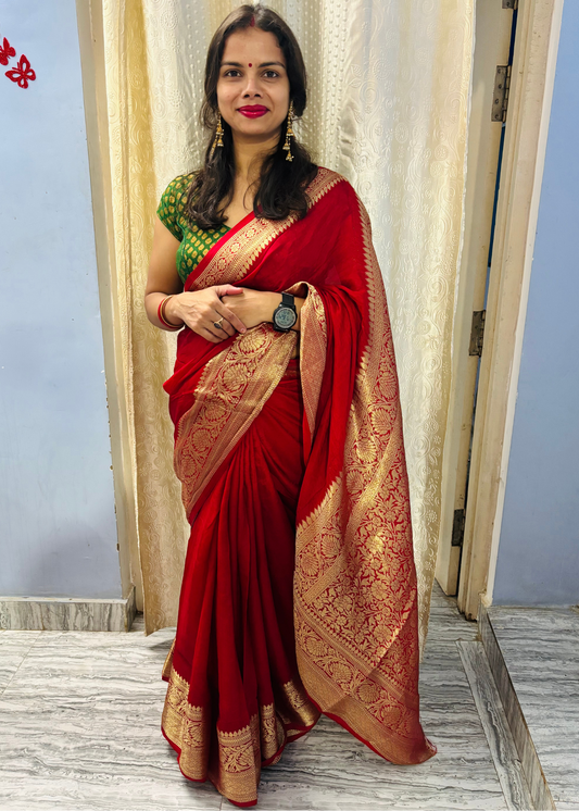 Red Plain Gold Zari Saree