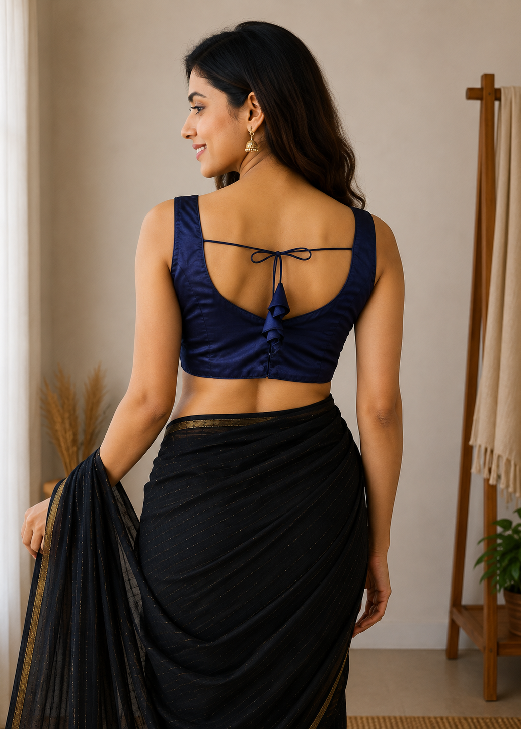 Navy Blue Taffeta Plain Blouse