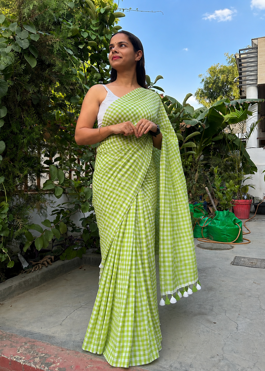 Green Rosy Check Mul Cotton Saree