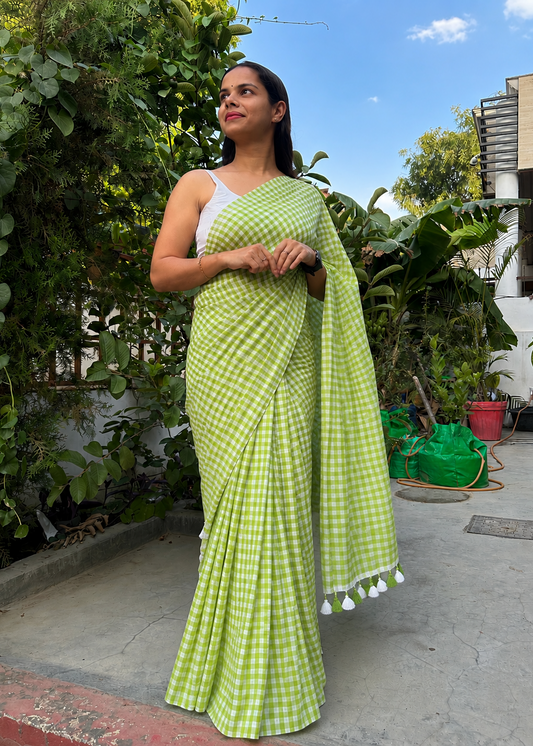 Green Rosy Check Mul Cotton Saree