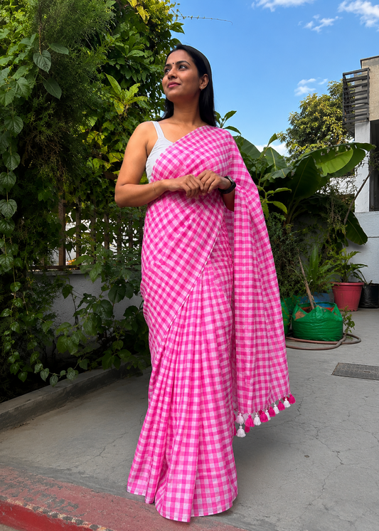 Pink Rosy check Mul Cotton Saree