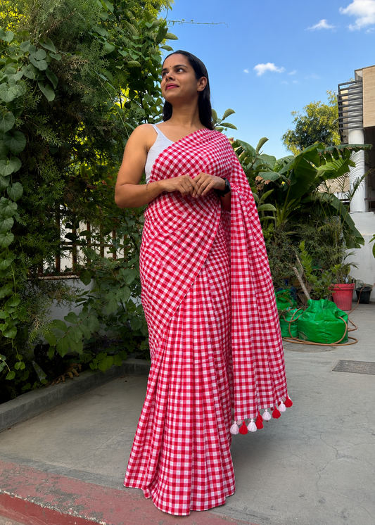 Red Rosy check Mul Cotton Saree