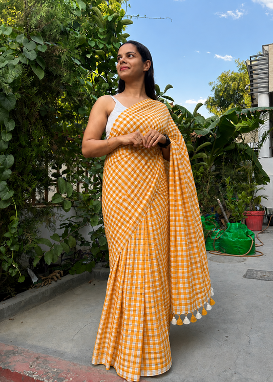 Yellow Rosy Check Mul Cotton Saree