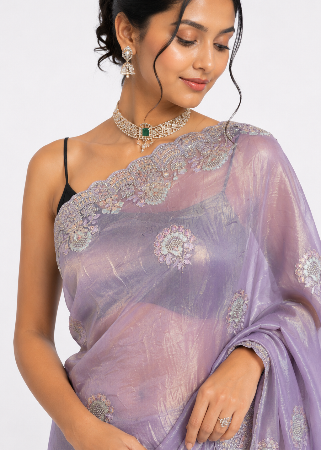 Purple Heavy Work Crush Tissue Saree
