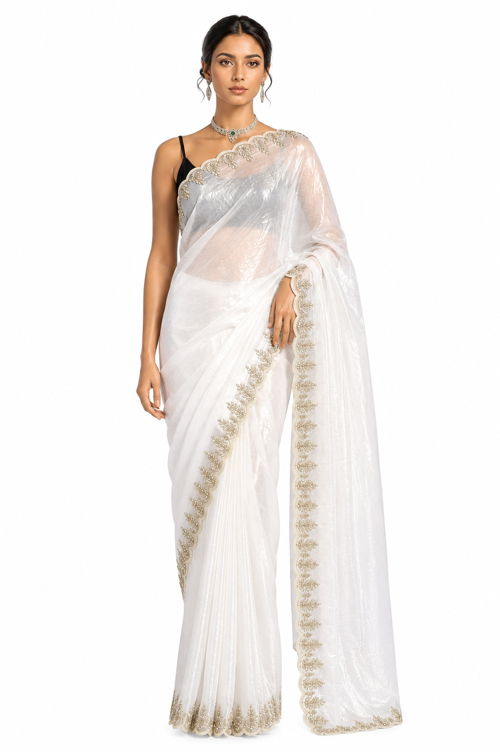 White Glow Pearl Party Wear Saree