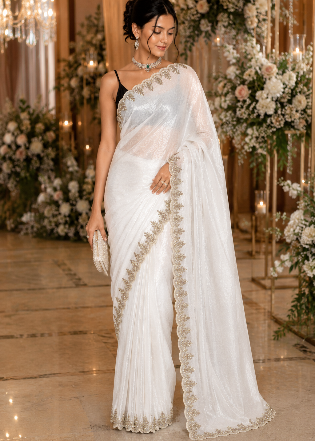 White Glow Pearl Party Wear Saree