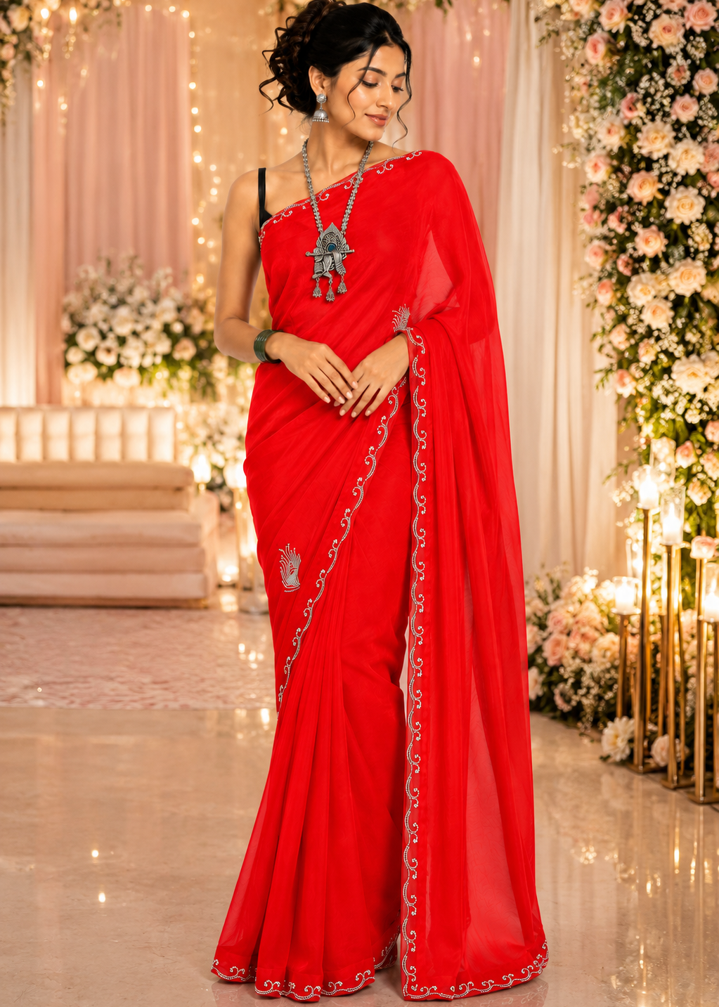 Red Morpankh Tissue Swarovski Saree