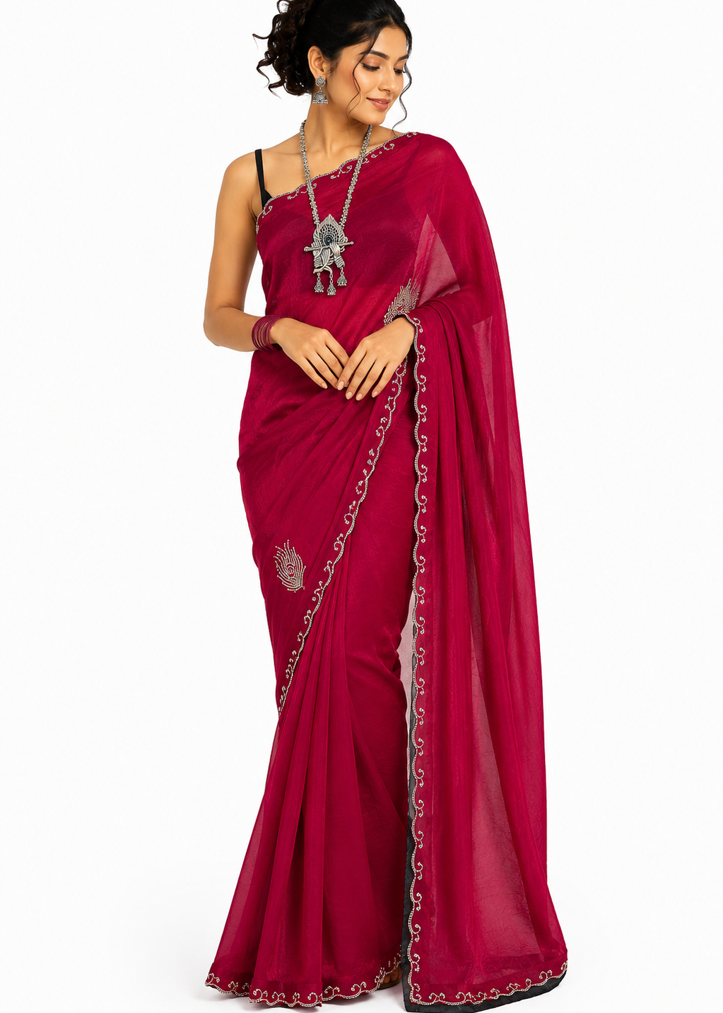 Magenta Morpankh Tissue Swarovski Saree