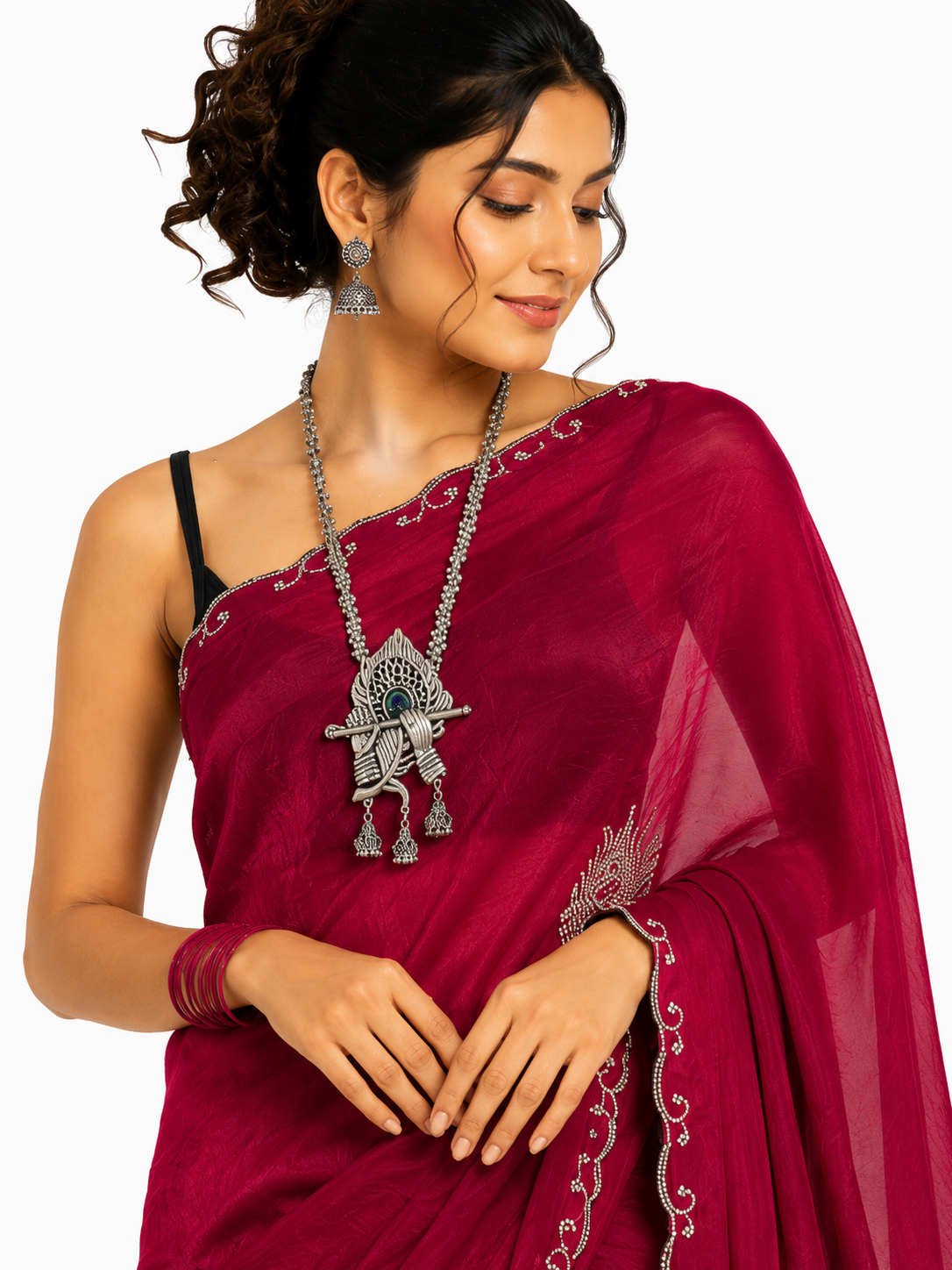 Magenta Morpankh Tissue Swarovski Saree