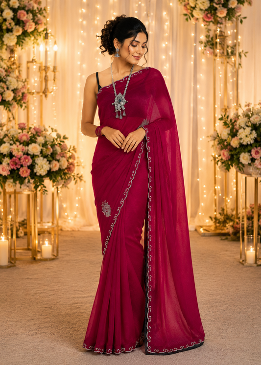 Magenta Morpankh Tissue Swarovski Saree