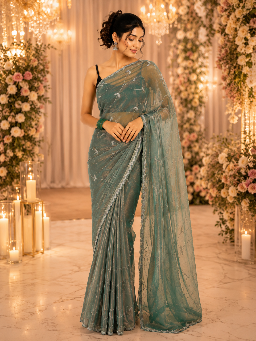 Floral Green Festive Glow Saree