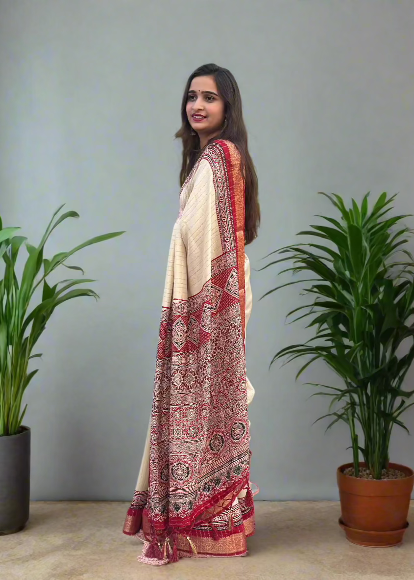 Zari border Soft Ajrakh Pallu Saree