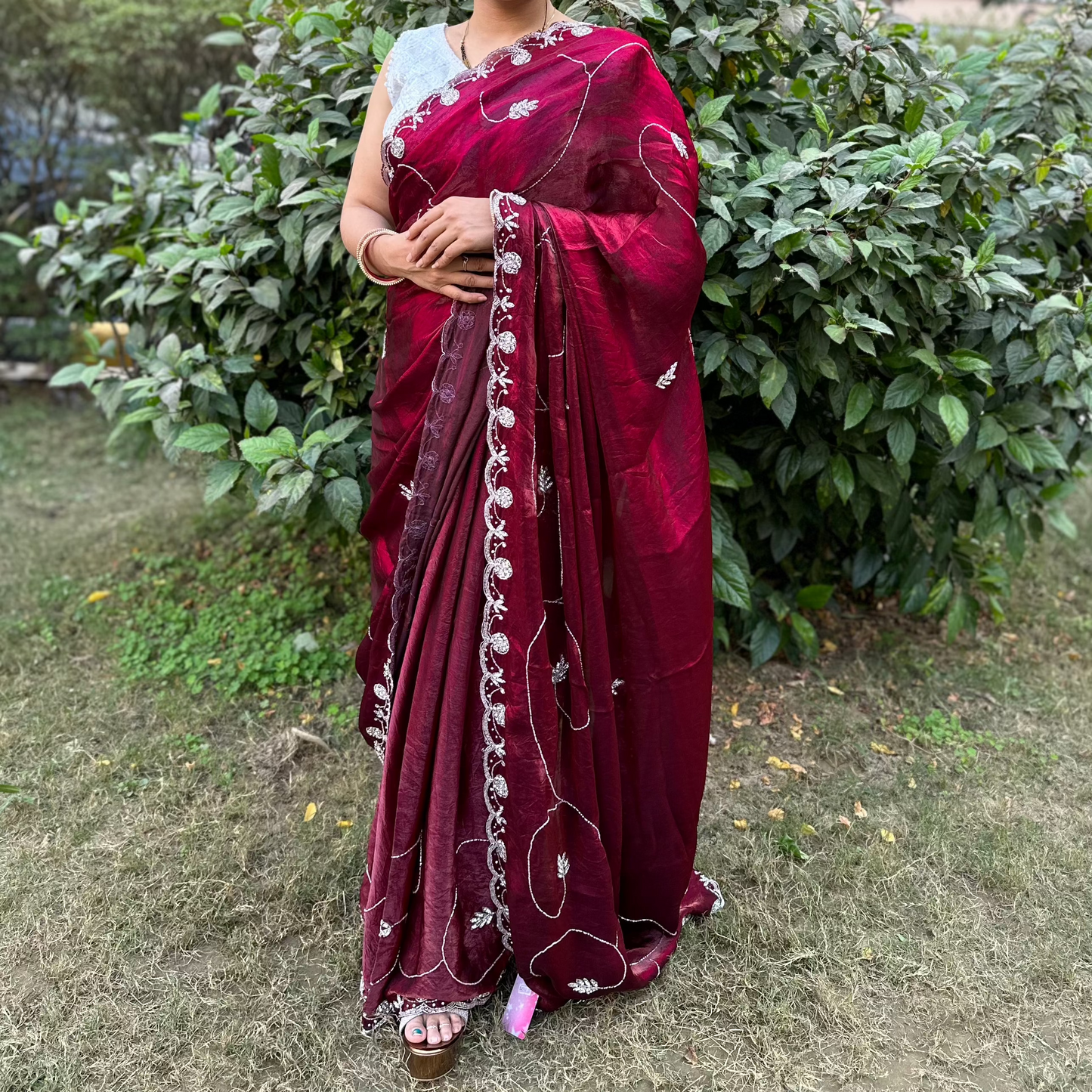 Magenta Rani Tissue Embroidered Saree