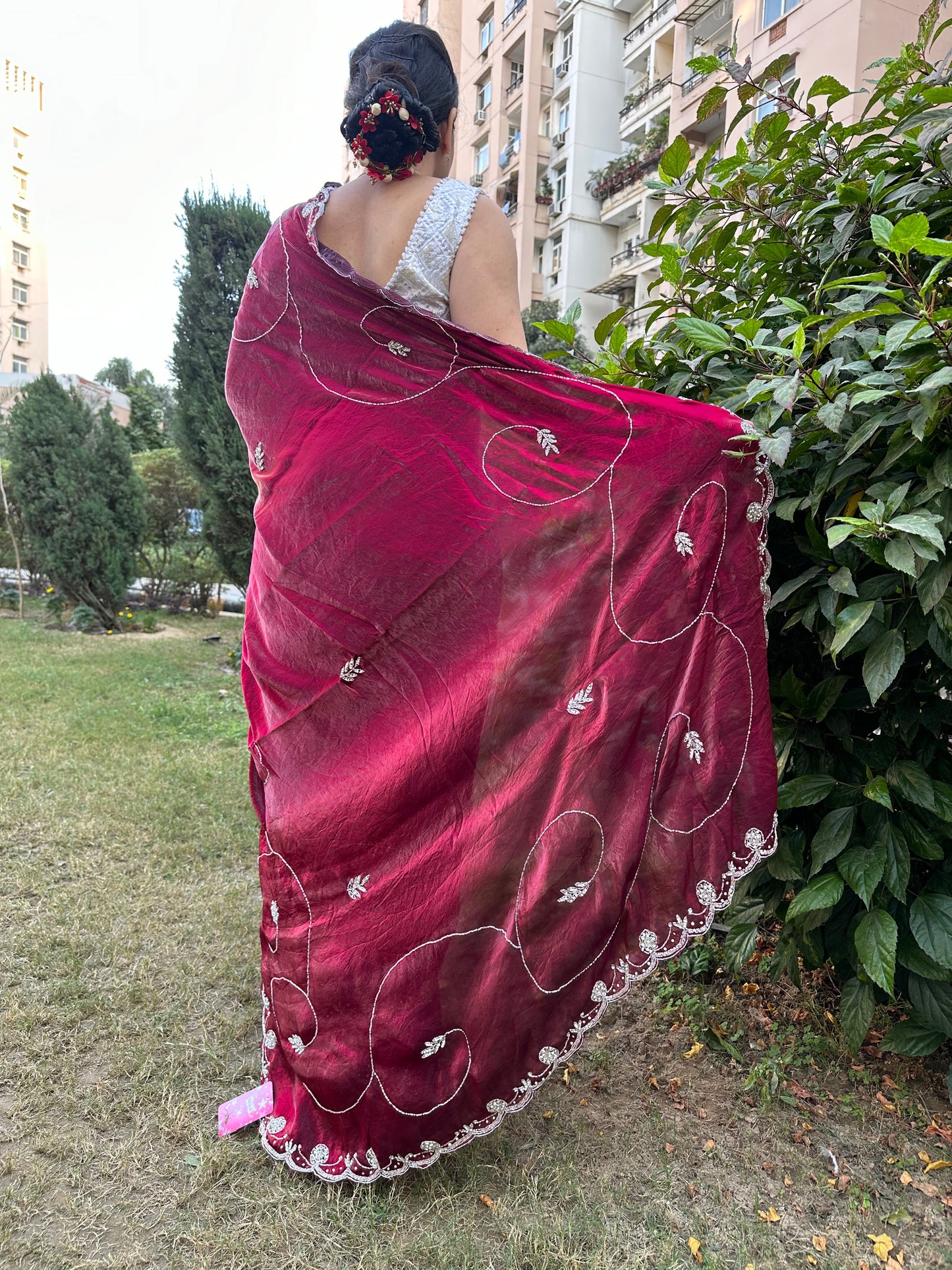 Magenta Rani Tissue Embroidered Saree
