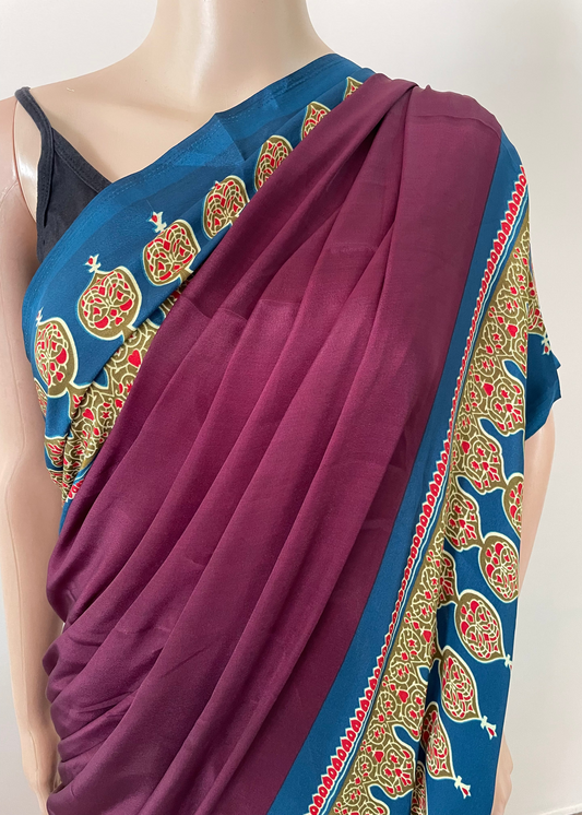 Ajrakh Pallu Plain Crepe Saree