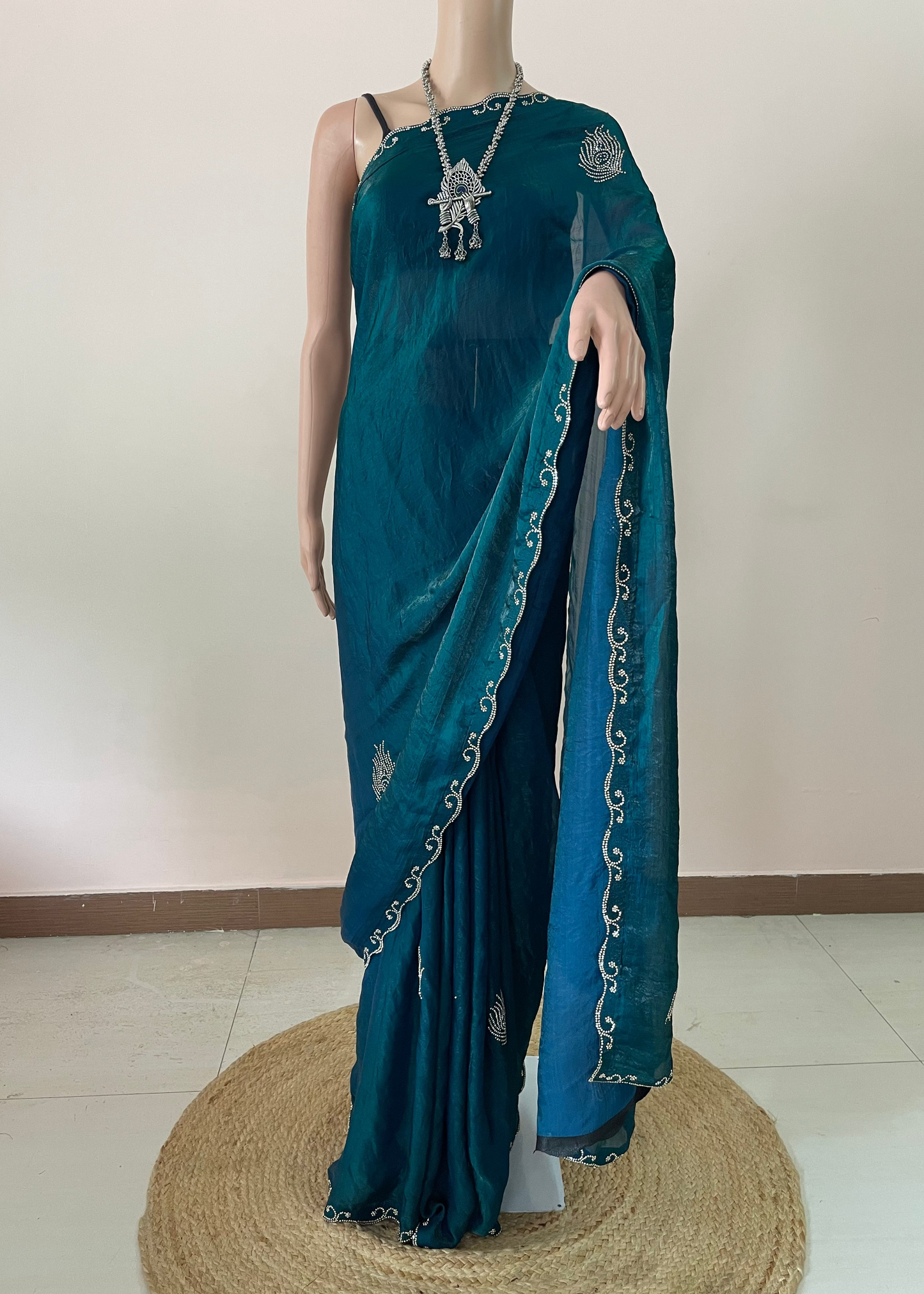 Blue Morpankh Tissue Swarovski Saree
