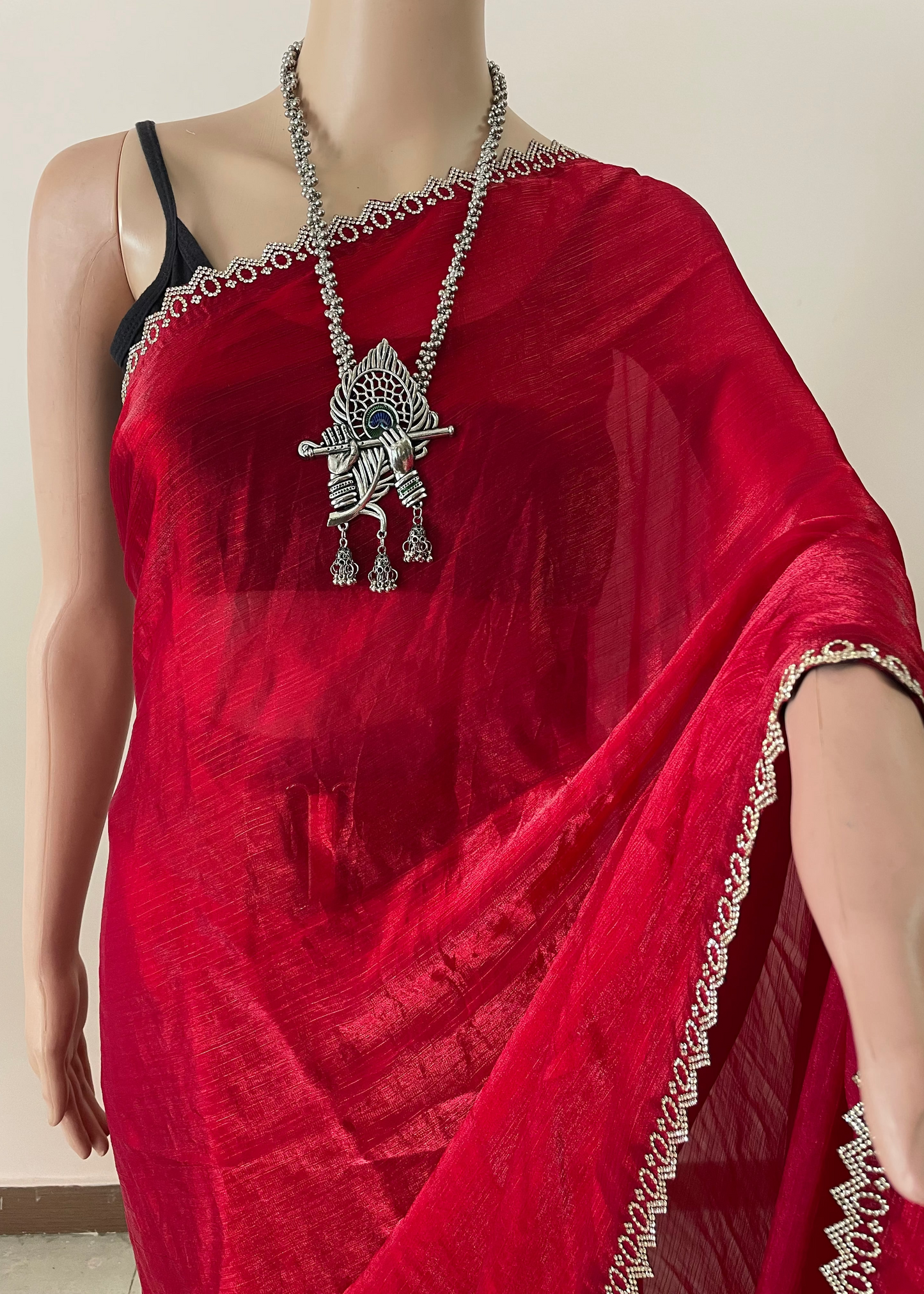 Red Star Tissue Svarovski Saree