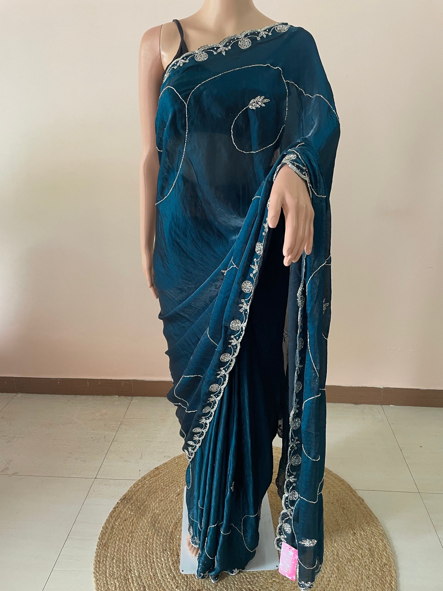 Blue Rani Tissue Embroidered Saree