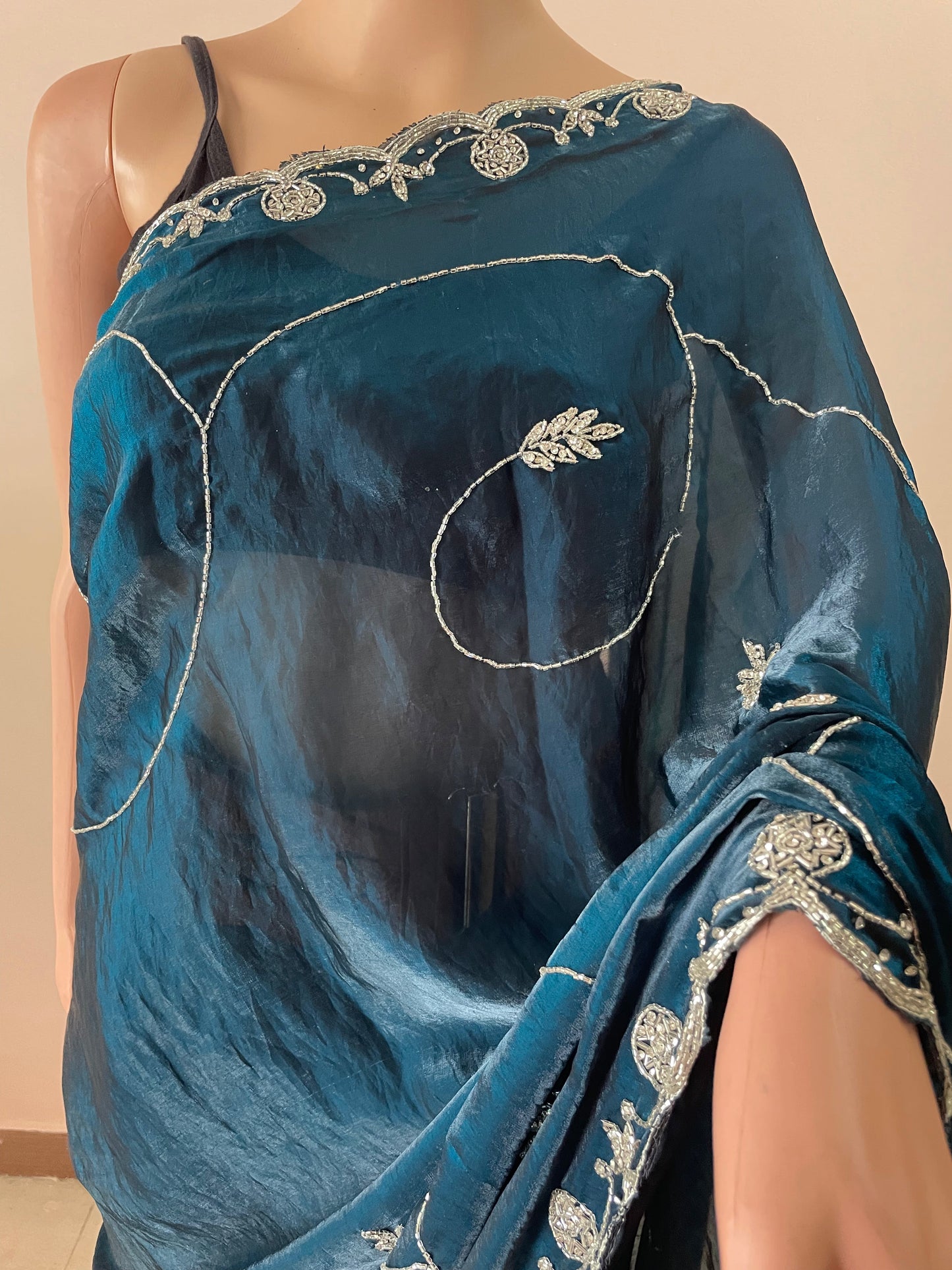 Blue Rani Tissue Embroidered Saree
