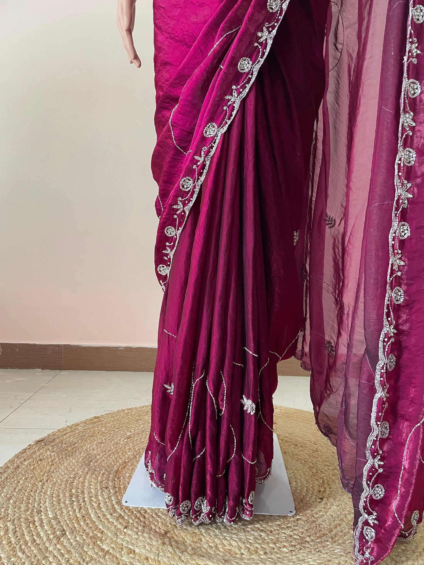Magenta Rani Tissue Embroidered Saree
