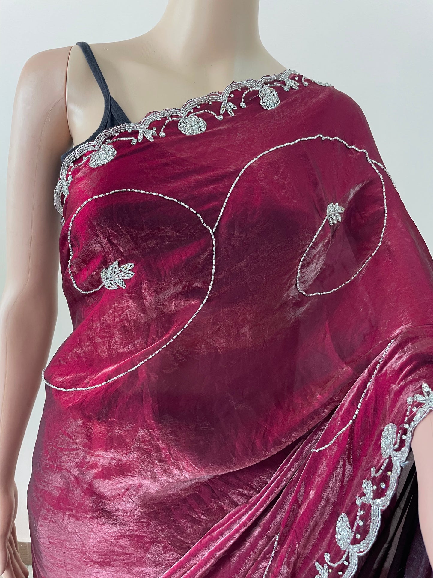 Magenta Rani Tissue Embroidered Saree