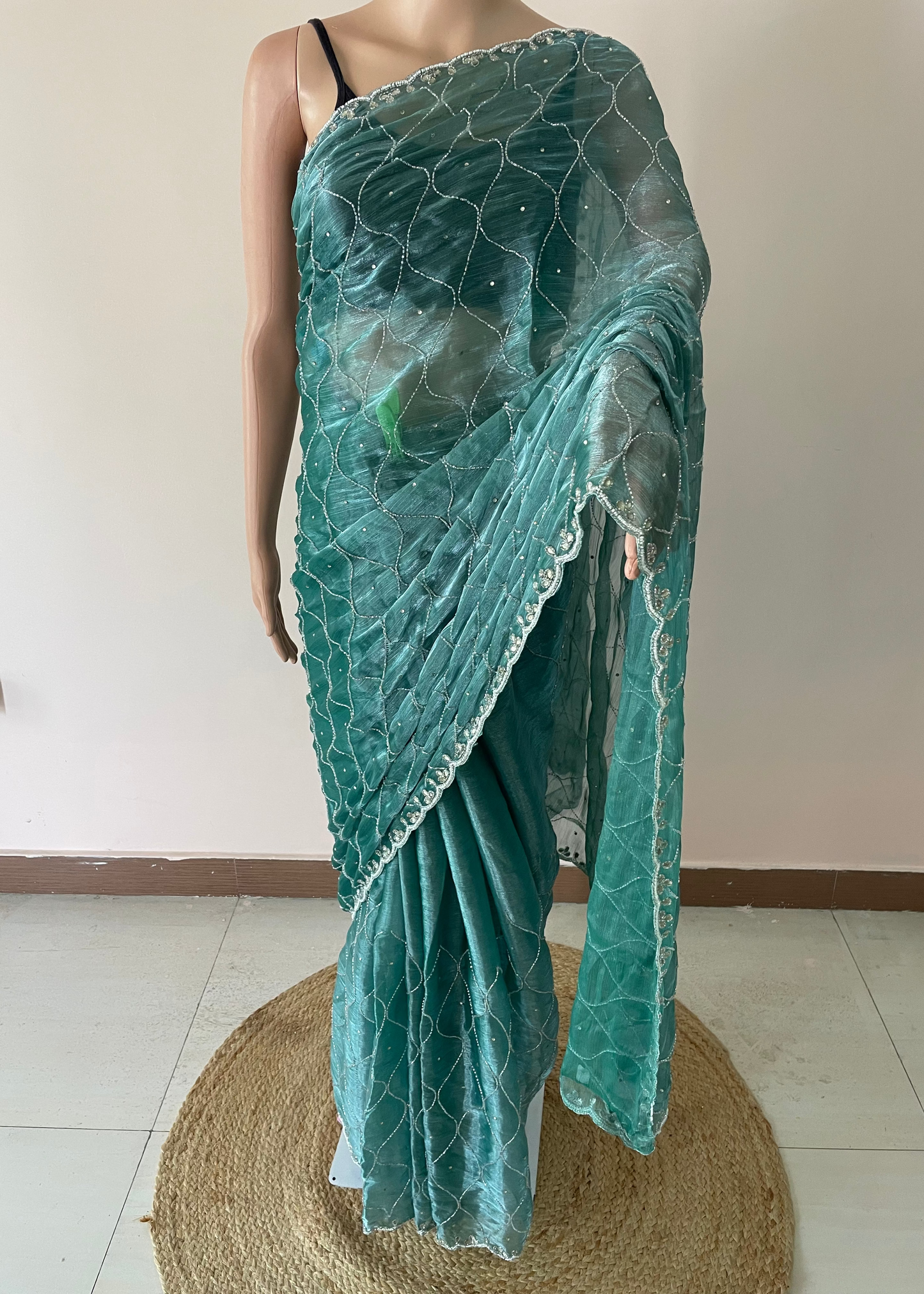 Blue Pearl Work Hand Embroidered JC saree