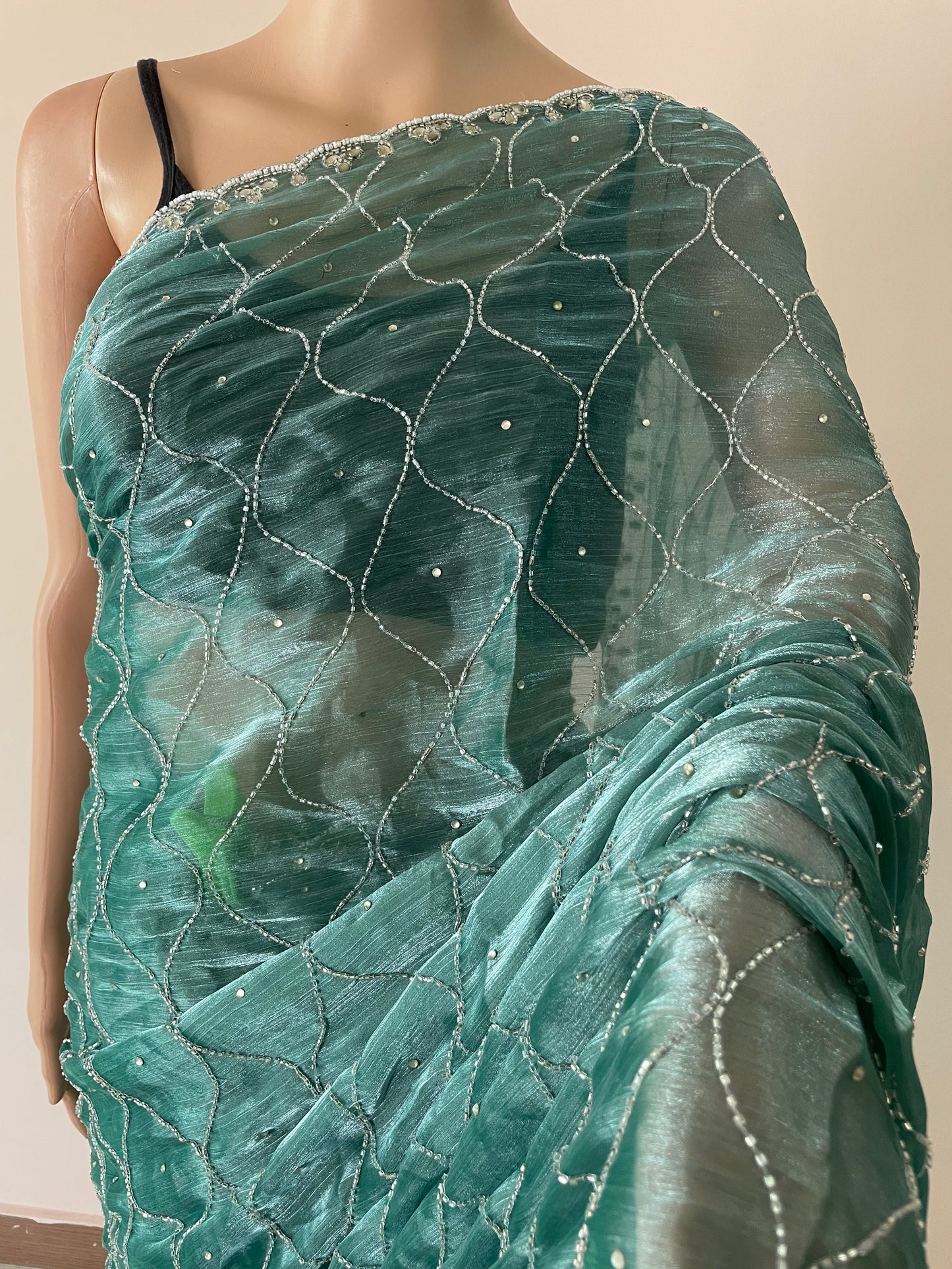 Blue Pearl Work Hand Embroidered JC saree