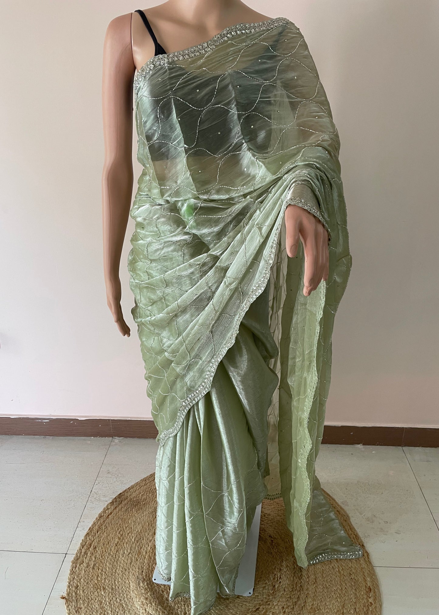 Pista Green Pearl Hand Embroidered JC saree