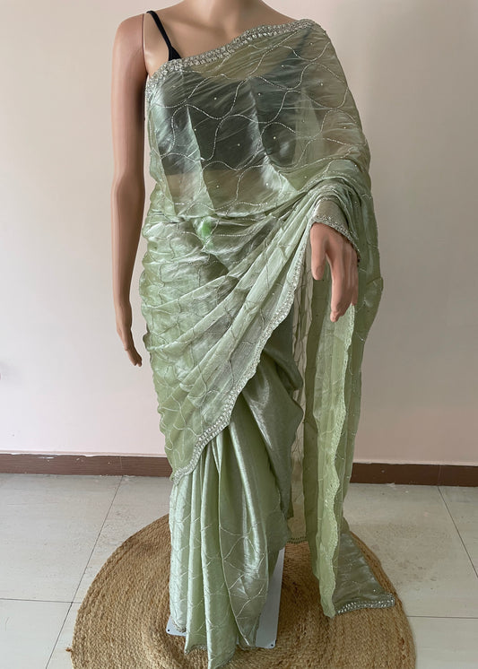 Pista Green Pearl Hand Embroidered JC saree