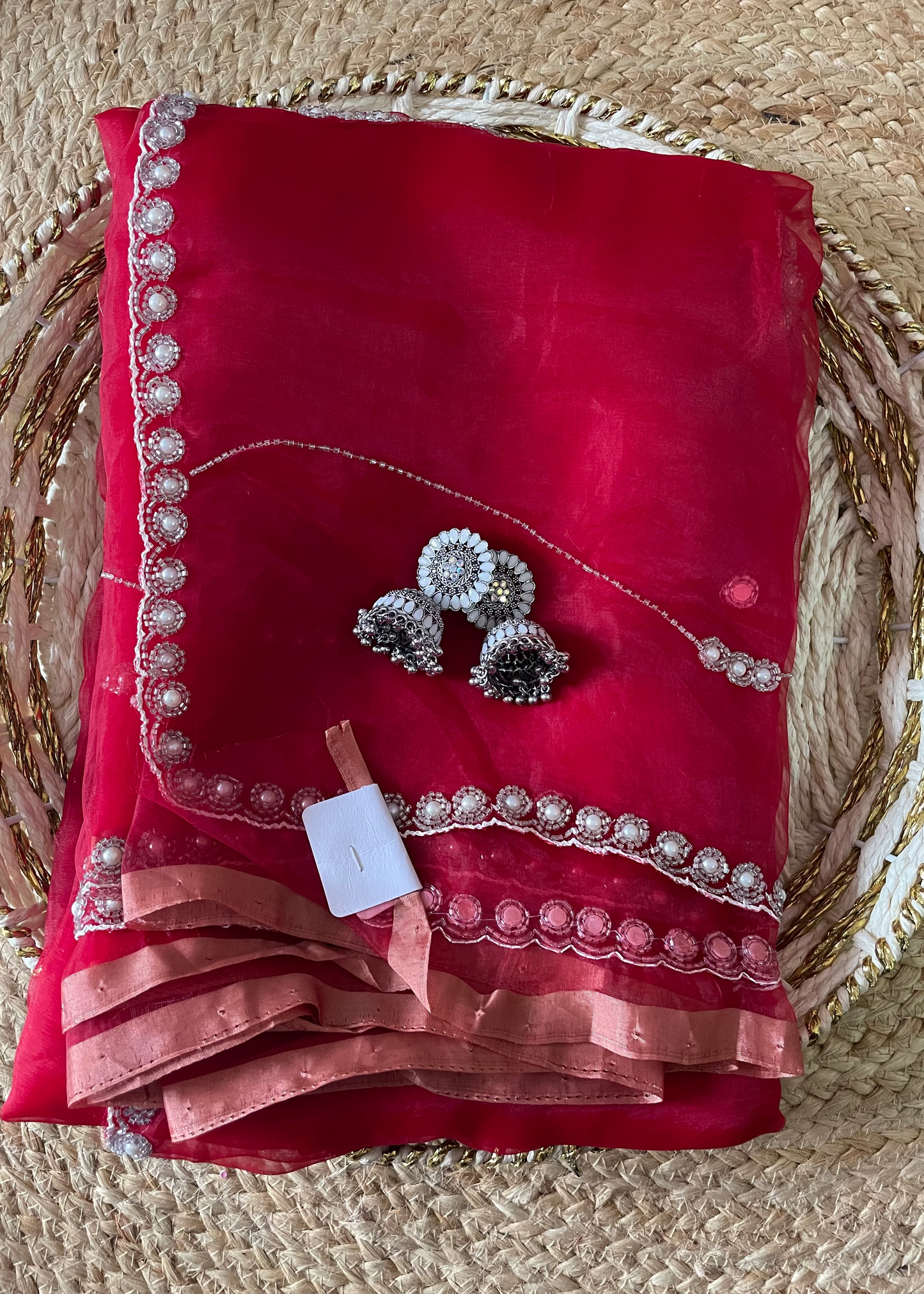 Red Pearl Glass Tissue Saree
