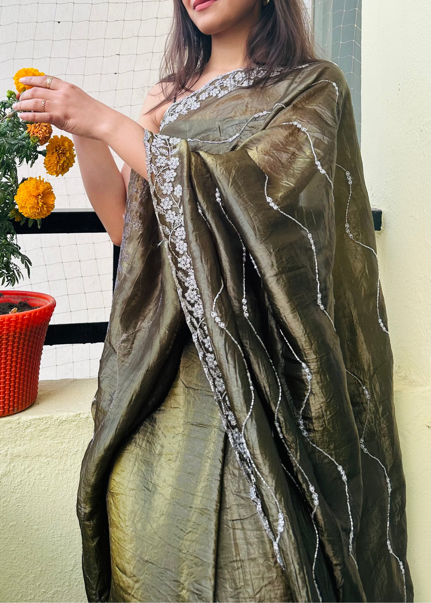 Mrinali Pearl Work Tissue Saree