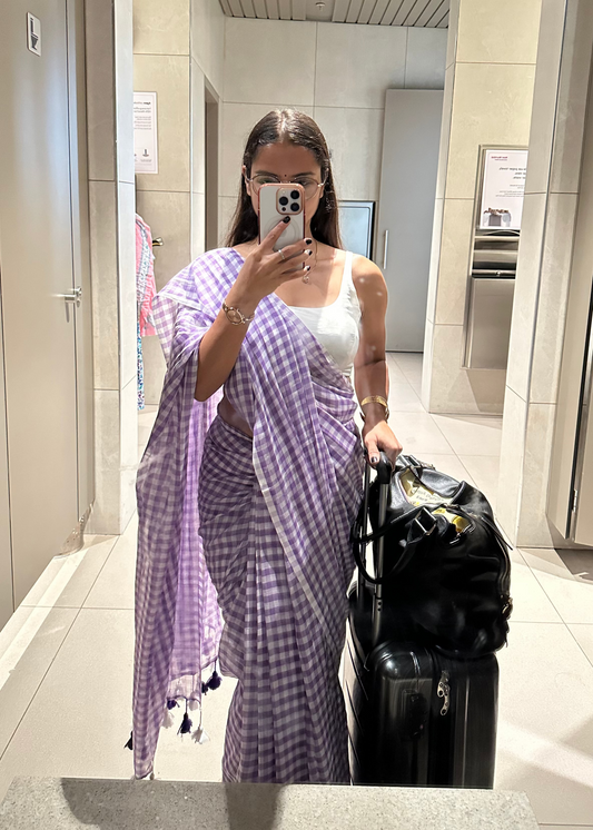 Lavender Rosy check Mul Cotton Saree