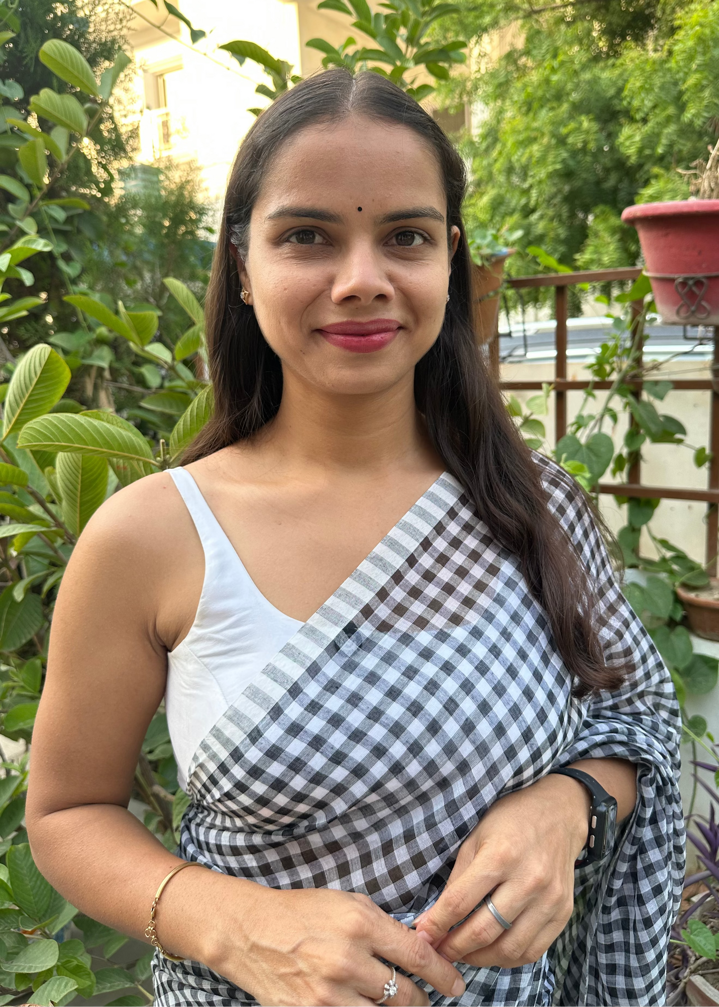 Black Rosy Check Mul Cotton Saree