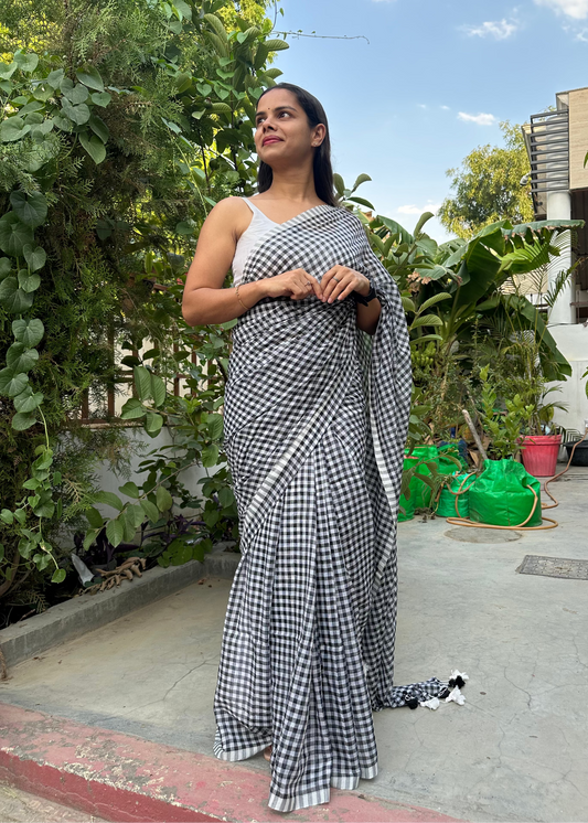 Black Rosy Check Mul Cotton Saree