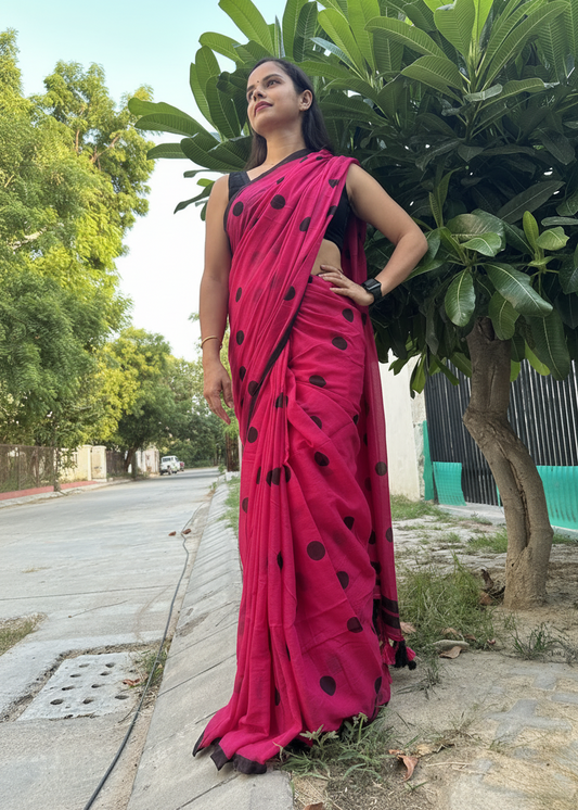 Rani Pink Manjari Polka Mul Saree