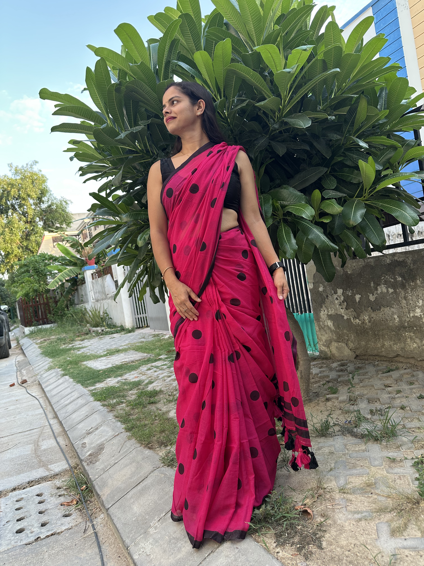 Rani Pink Manjari Polka Mul Saree