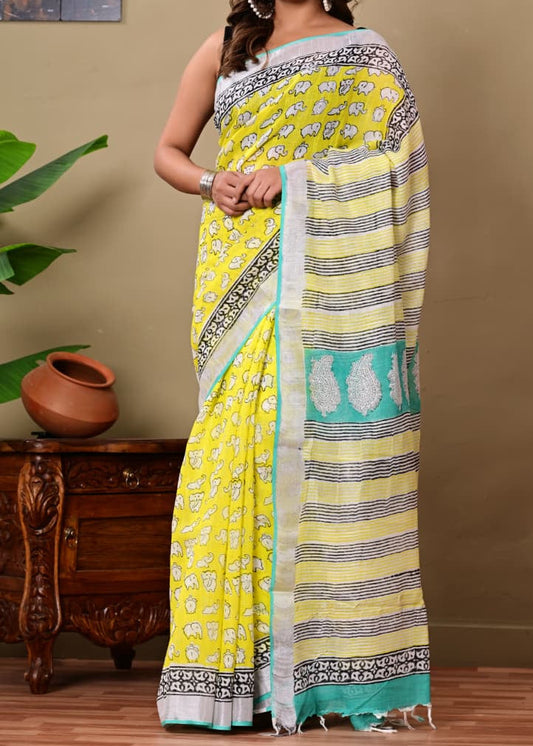 Elephant Yellow Linen Saree