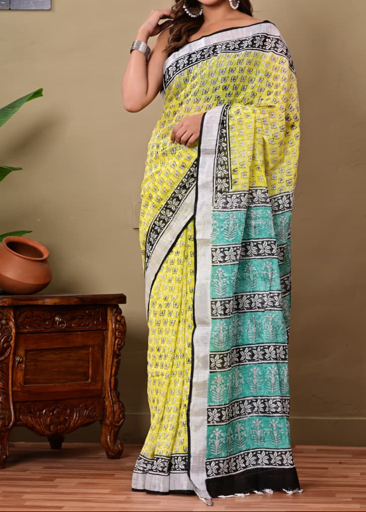 Yellow Butterfly Linen Saree
