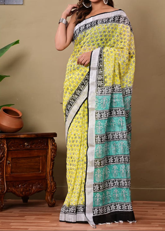 Yellow Butterfly Linen Saree